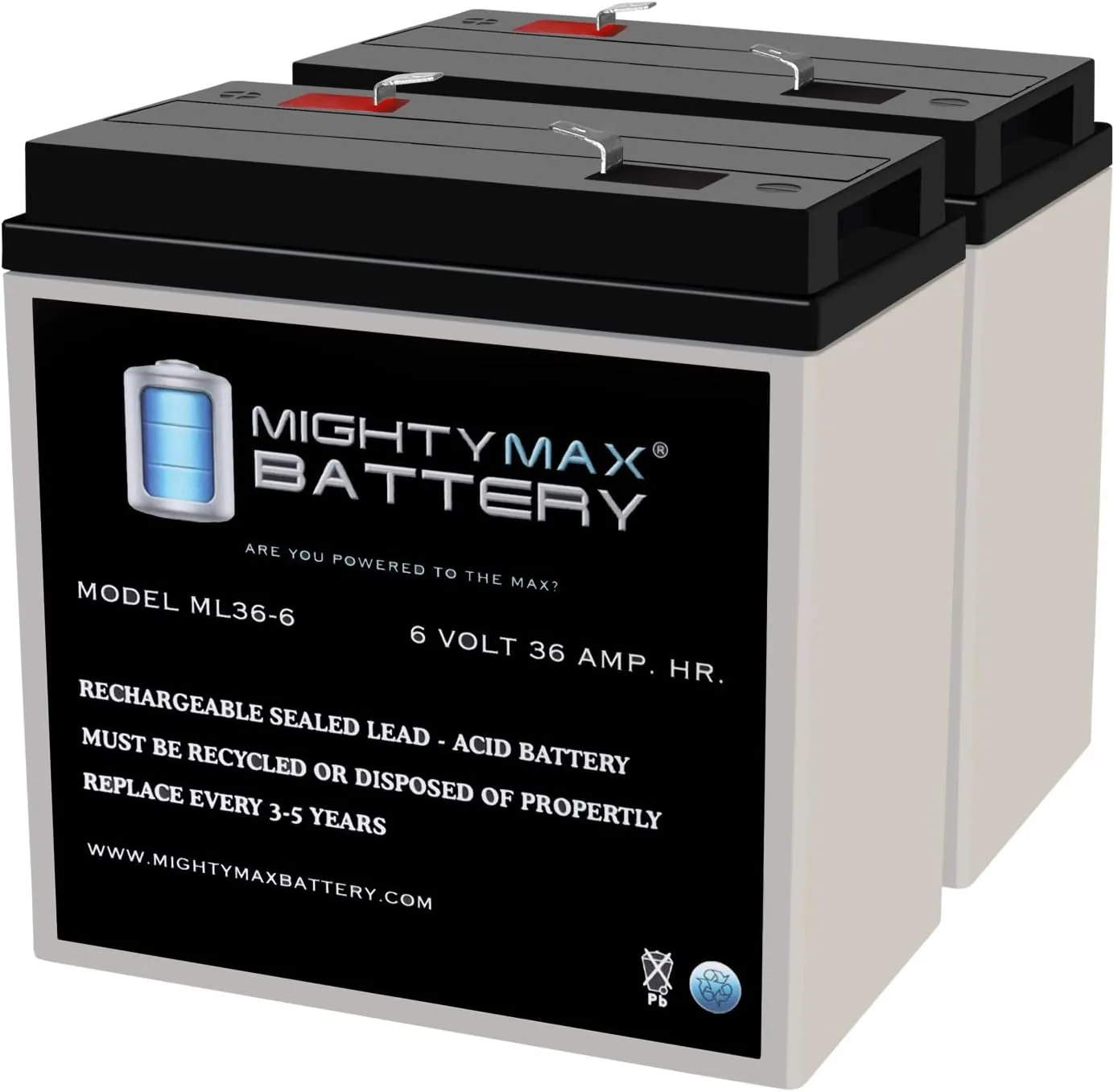 Mighty Max Battery 6V, 36Ah, AGM, F2 Terminal, Replacement Battery Compatible with Power Sonic PS-6360-2 Pack