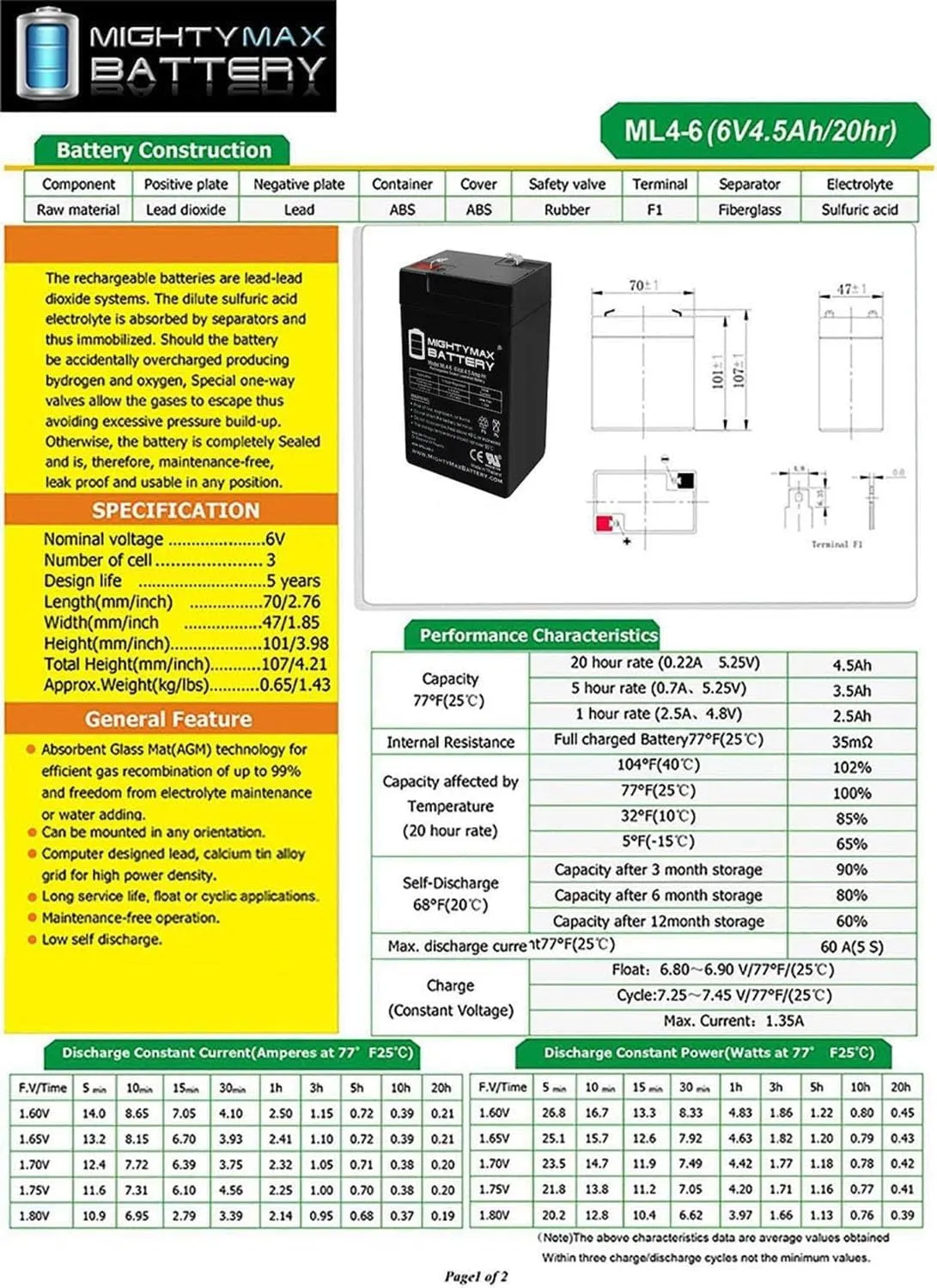 Mighty Max Battery 6V 4.5AH SLA Replacement Battery Compatible with SigmasTek Eagle Picher CF-6V4.5-2 Pack