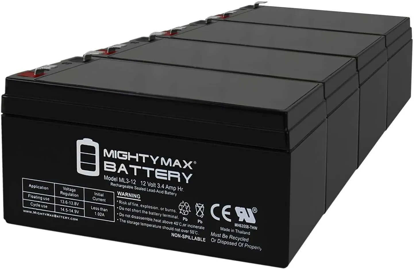 Mighty Max Battery ML3-12 - 12V 3AH SLA Replacement for Power-Sonic PS-1230 12V 3.4AH,1-4 Pack