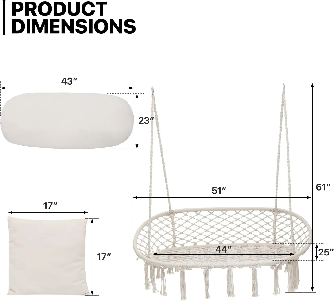 MoNiBloom Double Swing Chair with 3 Cushions for Outside, Large Hanging Macrame Swing Chair for Indoor/Outdoor Relax, Adult Hammock Boho Chair Max 700 lbs Capacity for Porch Balcony Backyard, Beige
