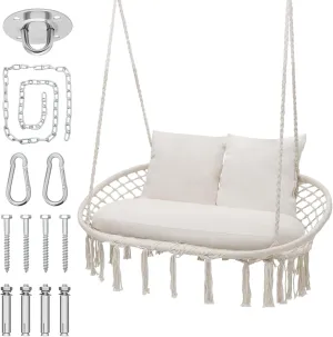 MoNiBloom Double Swing Chair with 3 Cushions for Outside, Large Hanging Macrame Swing Chair for Indoor/Outdoor Relax, Adult Hammock Boho Chair Max 700 lbs Capacity for Porch Balcony Backyard, Beige