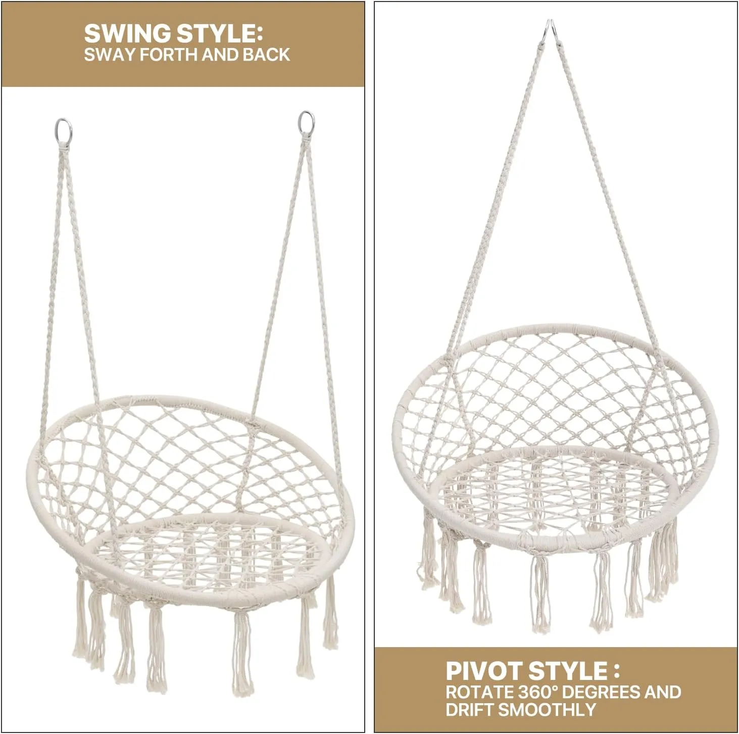 Monibloom Hanging Hammock Chair w/Dark Green Cushion, Porch Macrame Swing Chair Hanging Chairs, Max 350 Lbs Capacity Hanging Swing for Adults & Teens, Comfy Hammock for Relaxing Reading Napping, White