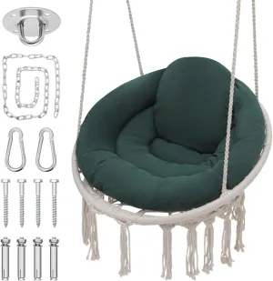 Monibloom Hanging Hammock Chair w/Dark Green Cushion, Porch Macrame Swing Chair Hanging Chairs, Max 350 Lbs Capacity Hanging Swing for Adults & Teens, Comfy Hammock for Relaxing Reading Napping, White