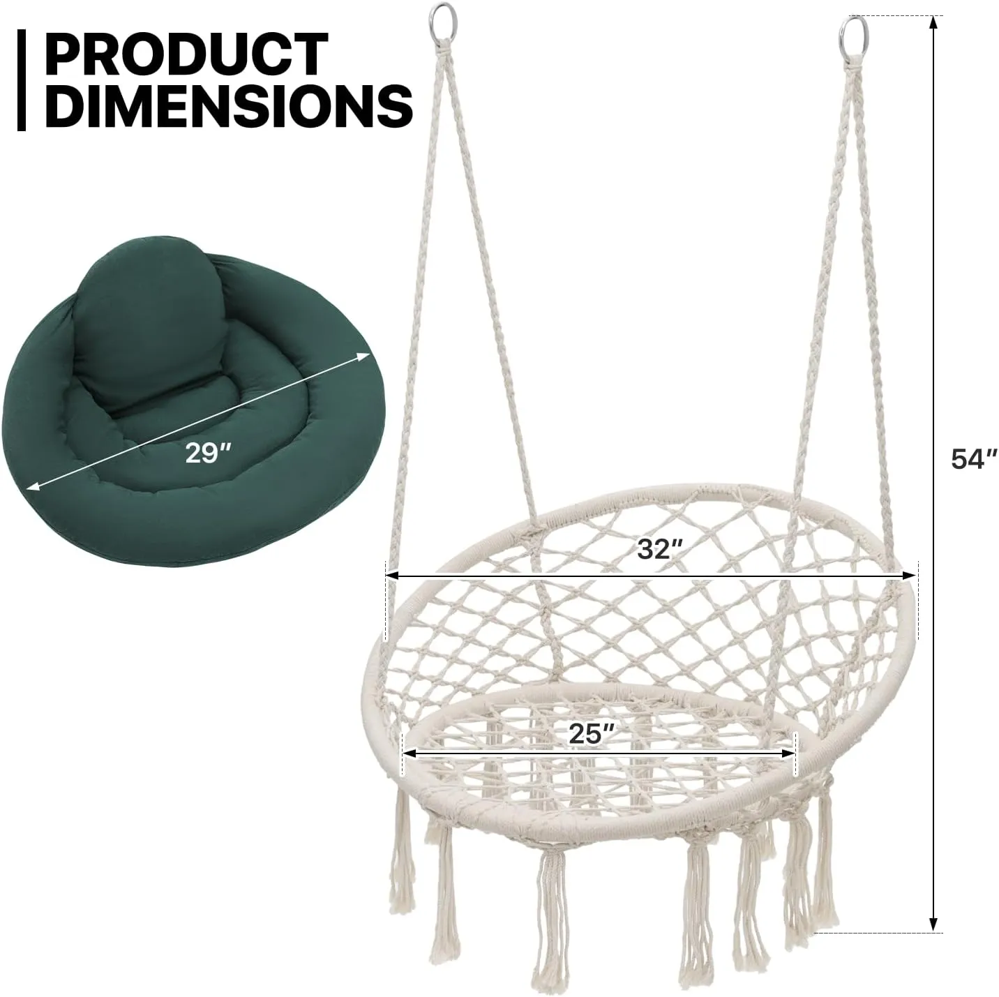 Monibloom Hanging Hammock Chair w/Dark Green Cushion, Porch Macrame Swing Chair Hanging Chairs, Max 350 Lbs Capacity Hanging Swing for Adults & Teens, Comfy Hammock for Relaxing Reading Napping, White