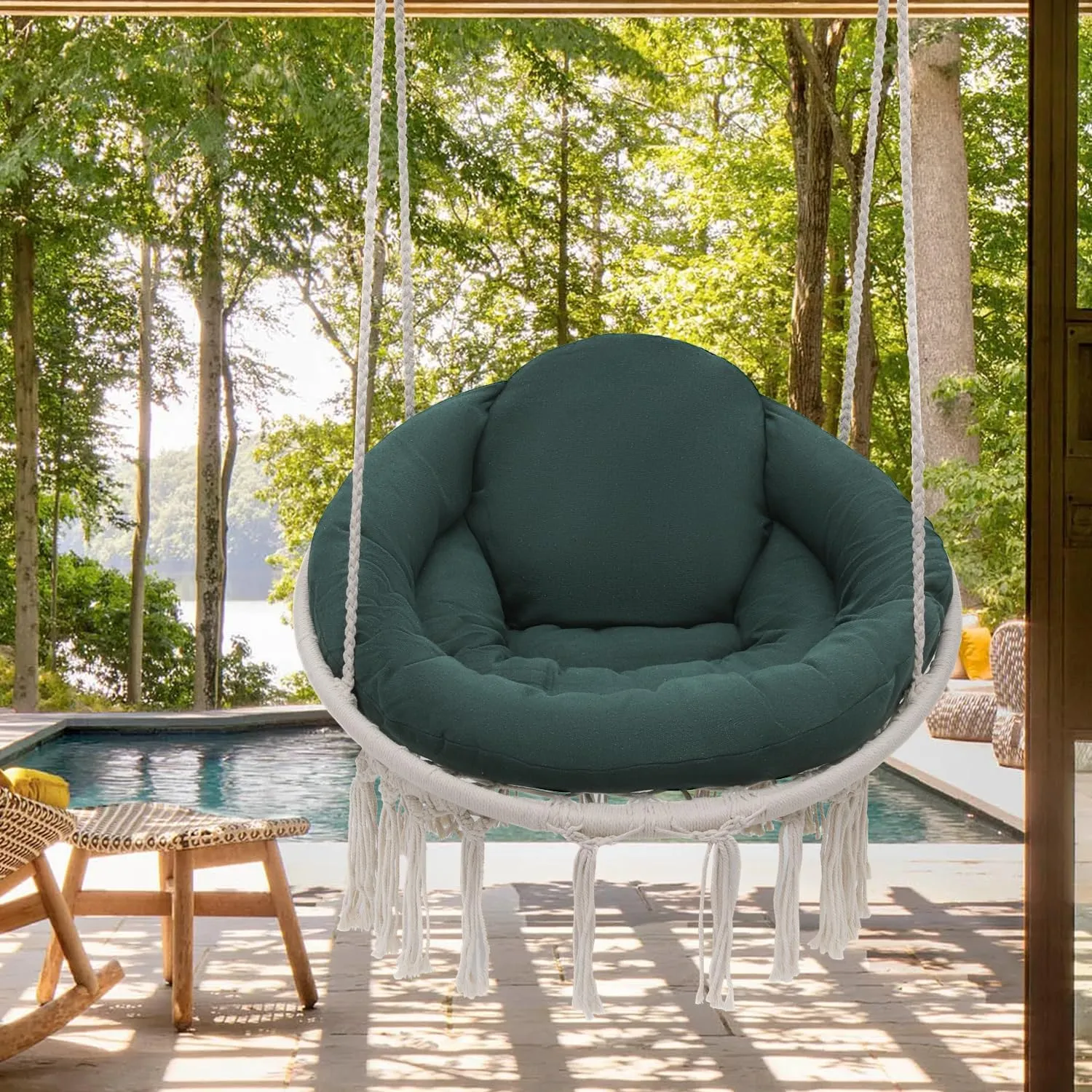 Monibloom Hanging Hammock Chair w/Dark Green Cushion, Porch Macrame Swing Chair Hanging Chairs, Max 350 Lbs Capacity Hanging Swing for Adults & Teens, Comfy Hammock for Relaxing Reading Napping, White