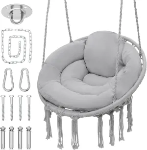 Monibloom Hanging Hammock Chair with Full Cushion, Adults Indoor Hammock Swing with Max 350 Lbs Capacity, Outdoor Macrame Hanging Chair with Boho Tassels, Home Accent Furniture Chair Swing, Grey
