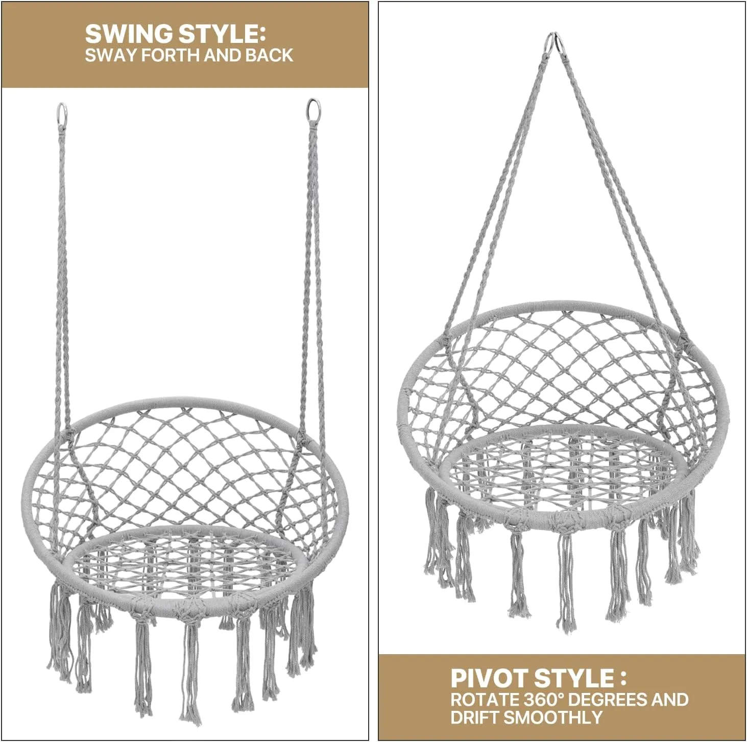 Monibloom Hanging Hammock Chair with Full Cushion, Adults Indoor Hammock Swing with Max 350 Lbs Capacity, Outdoor Macrame Hanging Chair with Boho Tassels, Home Accent Furniture Chair Swing, Grey