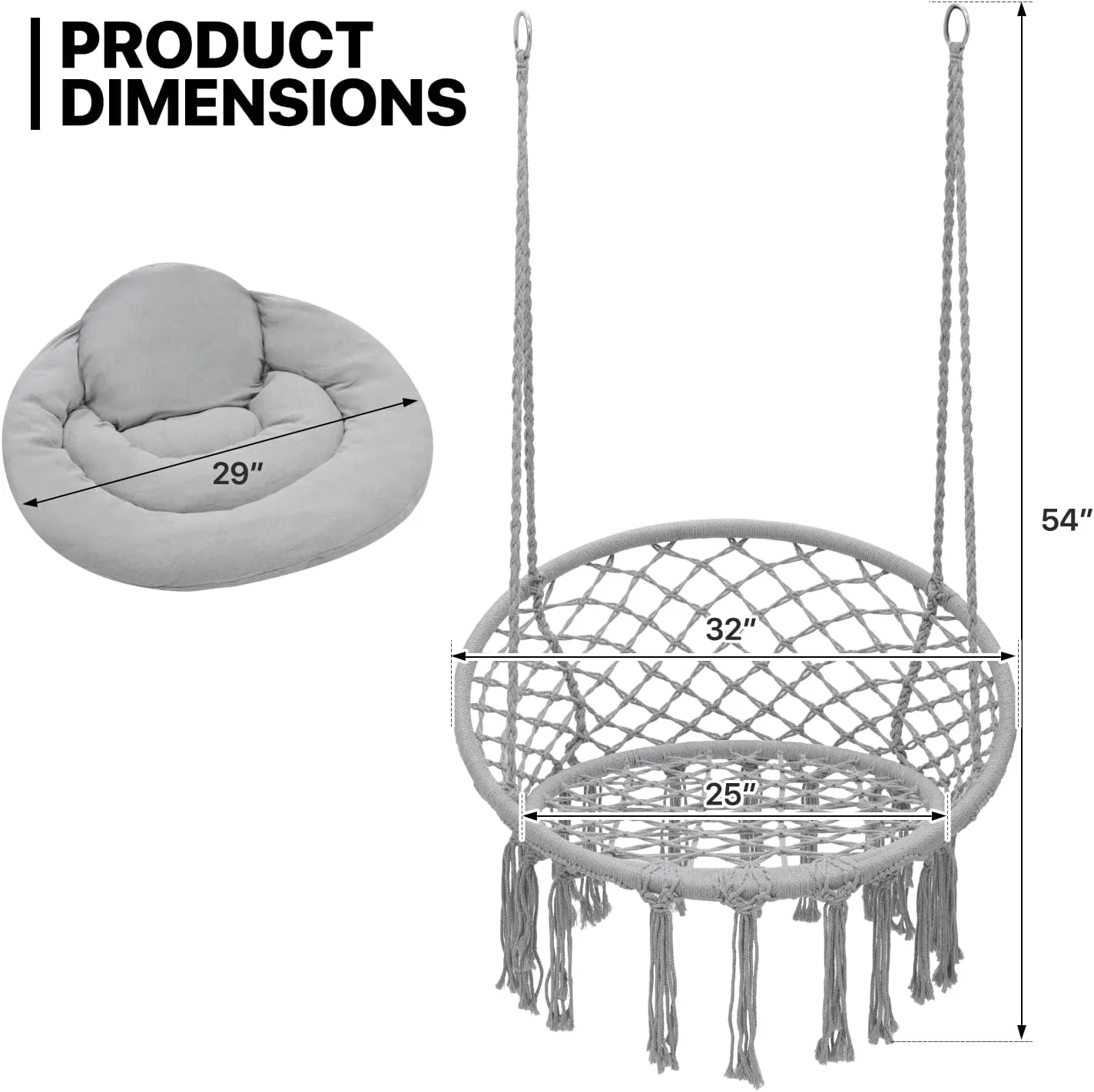 Monibloom Hanging Hammock Chair with Full Cushion, Adults Indoor Hammock Swing with Max 350 Lbs Capacity, Outdoor Macrame Hanging Chair with Boho Tassels, Home Accent Furniture Chair Swing, Grey