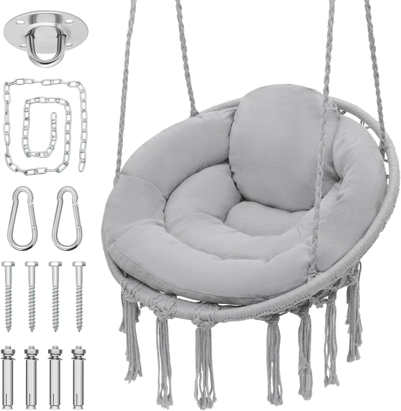 Monibloom Hanging Hammock Chair with Full Cushion, Adults Indoor Hammock Swing with Max 350 Lbs Capacity, Outdoor Macrame Hanging Chair with Boho Tassels, Home Accent Furniture Chair Swing, Grey