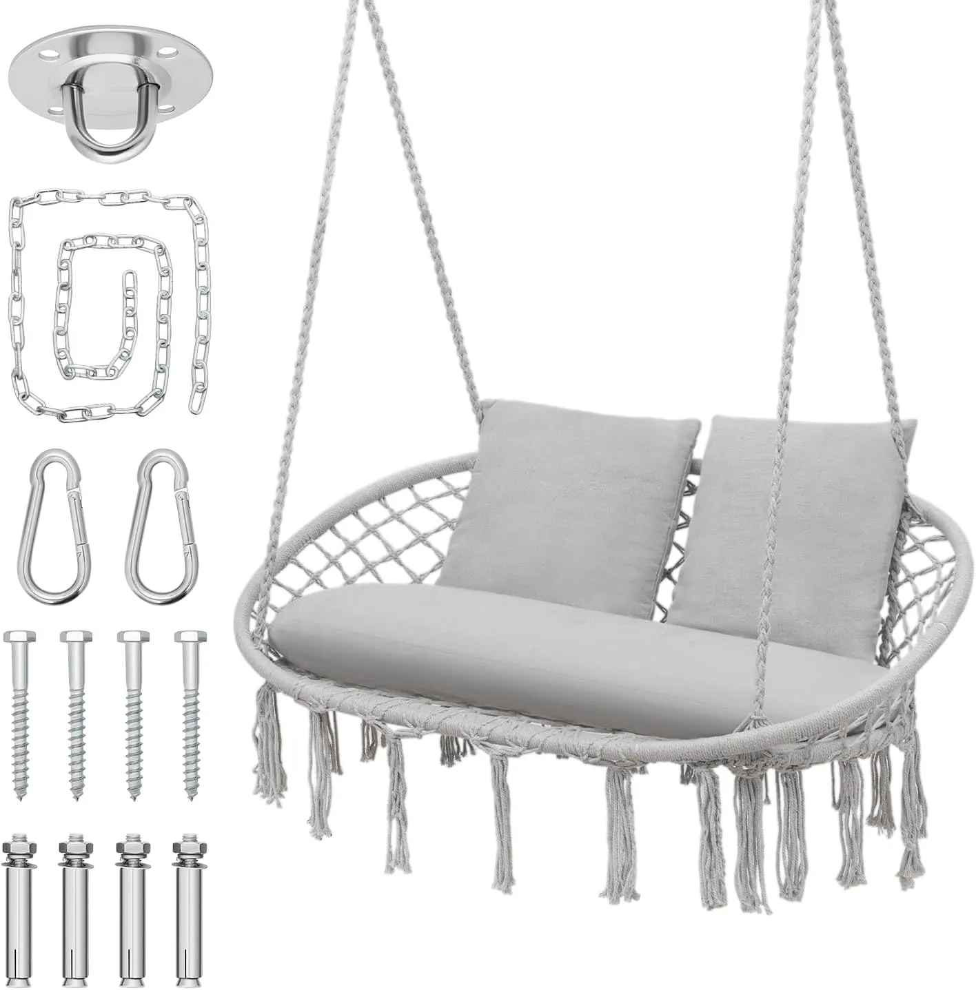 MoNiBloom Outdoor 2 Seat Hammock Chair with 3 Cushion, Indoor/Outdoor Hanging Macrame Swing Boho Chair for Adults, Max 700 lbs Capacity Patio Hanging Chair Porch Hammock Chair Hanging Rope Swing, Grey