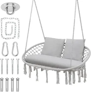 MoNiBloom Outdoor 2 Seat Hammock Chair with 3 Cushion, Indoor/Outdoor Hanging Macrame Swing Boho Chair for Adults, Max 700 lbs Capacity Patio Hanging Chair Porch Hammock Chair Hanging Rope Swing, Grey