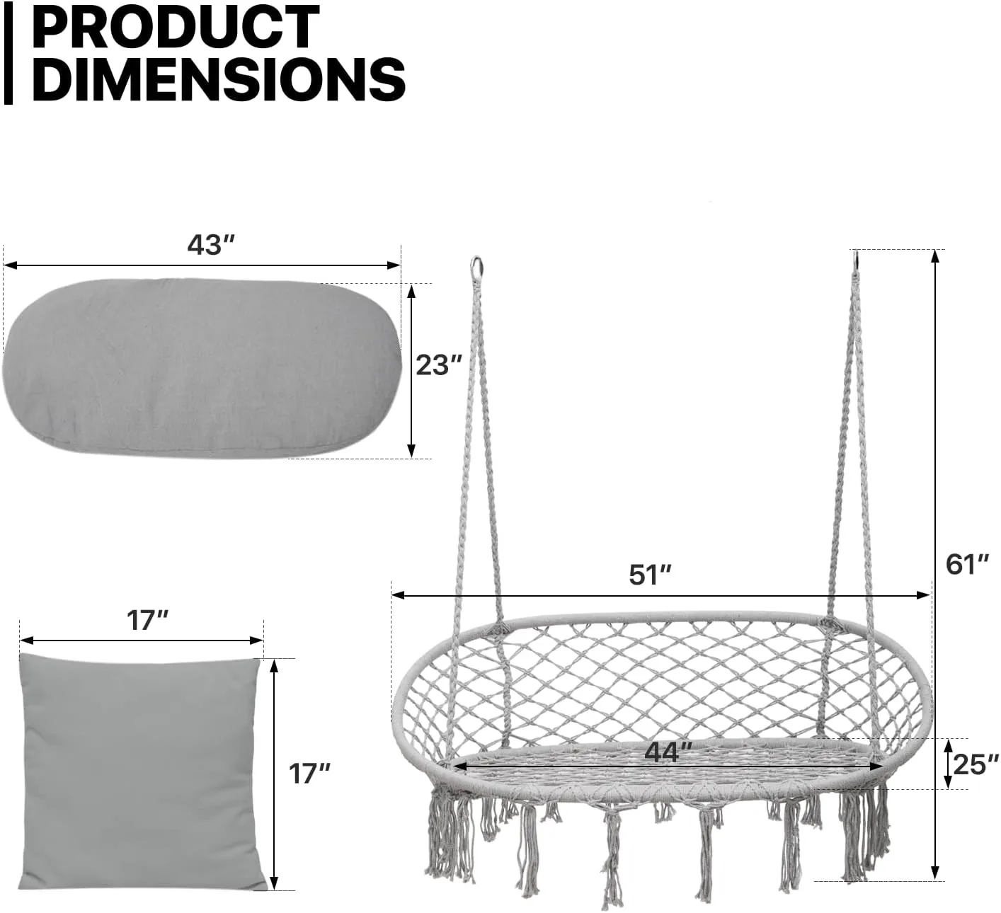 MoNiBloom Outdoor 2 Seat Hammock Chair with 3 Cushion, Indoor/Outdoor Hanging Macrame Swing Boho Chair for Adults, Max 700 lbs Capacity Patio Hanging Chair Porch Hammock Chair Hanging Rope Swing, Grey