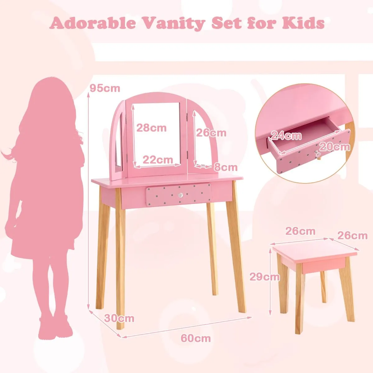 Montessori Dressing Table & Stool Set | Vanity Table | Tri-Folding Mirror | Drawer | Pink | 3-7 Years