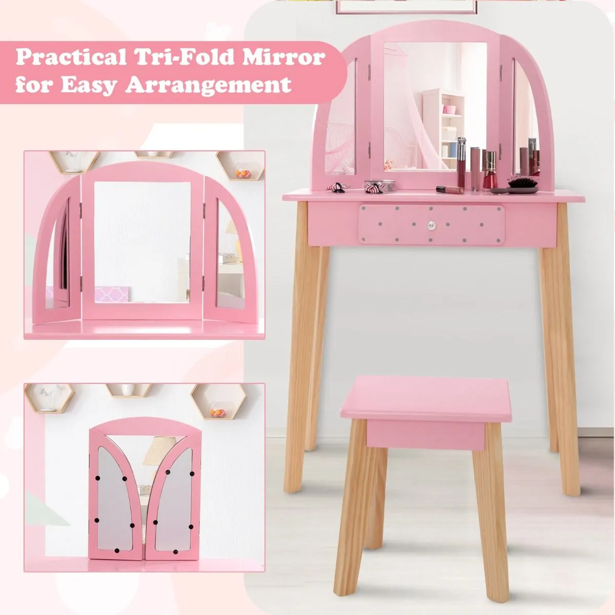 Montessori Dressing Table & Stool Set | Vanity Table | Tri-Folding Mirror | Drawer | Pink | 3-7 Years