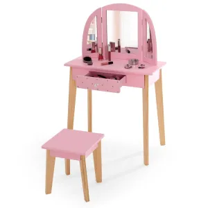 Montessori Dressing Table & Stool Set | Vanity Table | Tri-Folding Mirror | Drawer | Pink | 3-7 Years