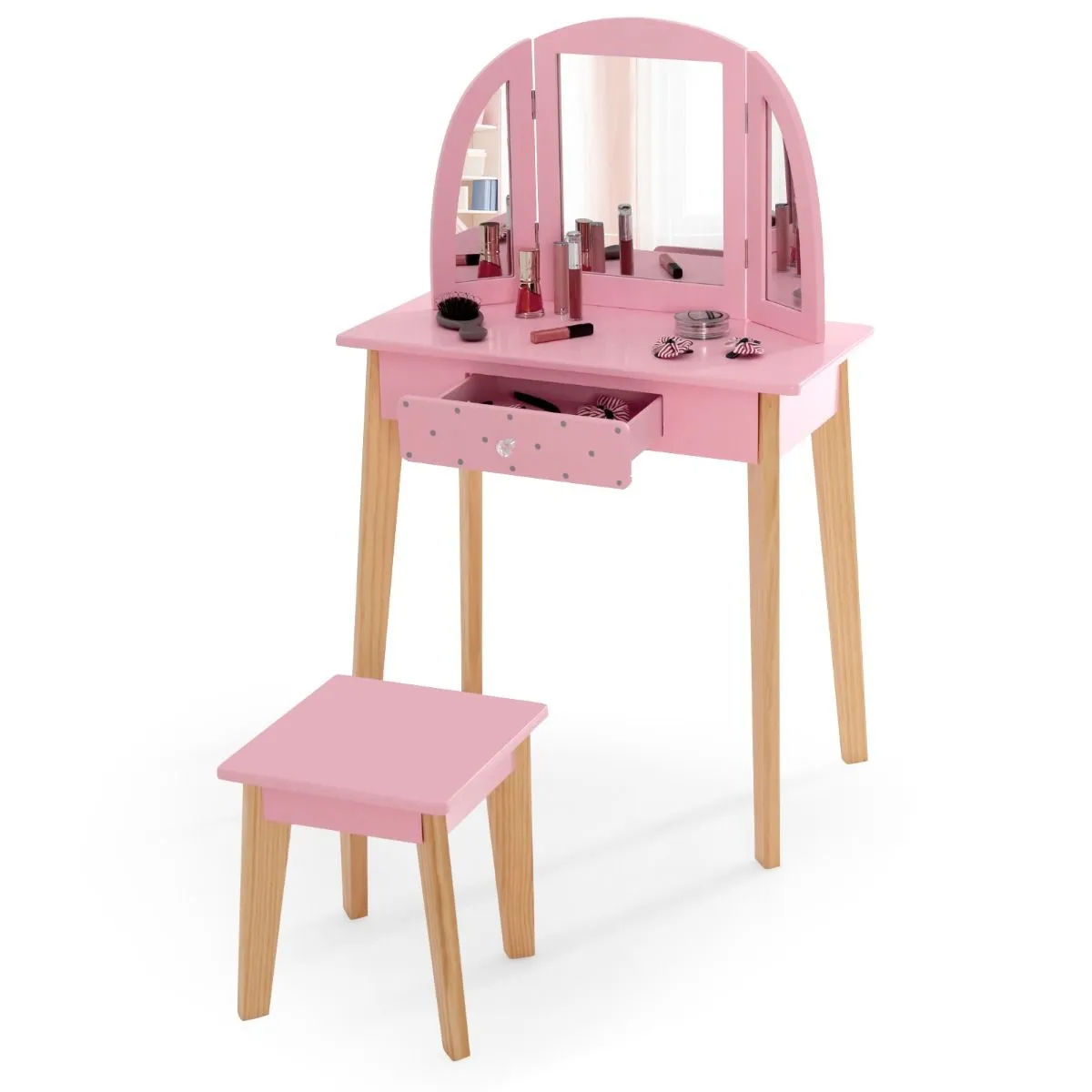 Montessori Dressing Table & Stool Set | Vanity Table | Tri-Folding Mirror | Drawer | Pink | 3-7 Years