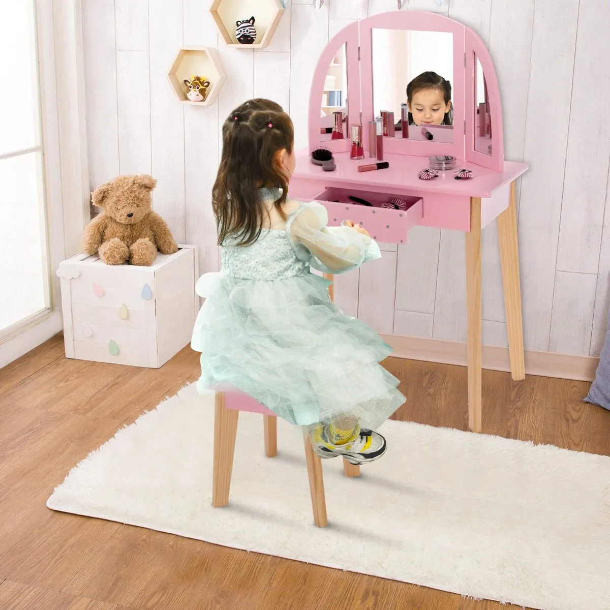 Montessori Dressing Table & Stool Set | Vanity Table | Tri-Folding Mirror | Drawer | Pink | 3-7 Years