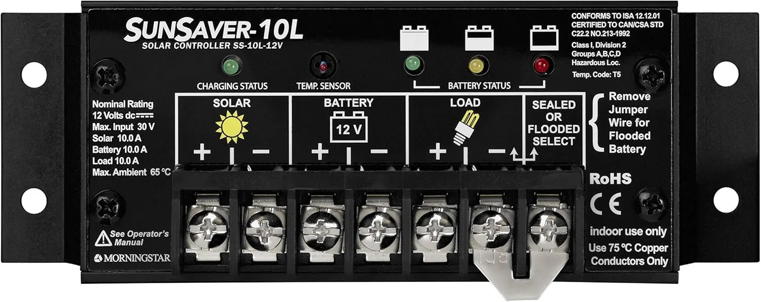 Morningstar SunSaver 10A PWM Solar Charge Controller 12V Batteries LVD, Solar Panel Controller Battery Controller Solar Controller 12V, Lowest Fail Rate Charge Controllers for Solar Panels