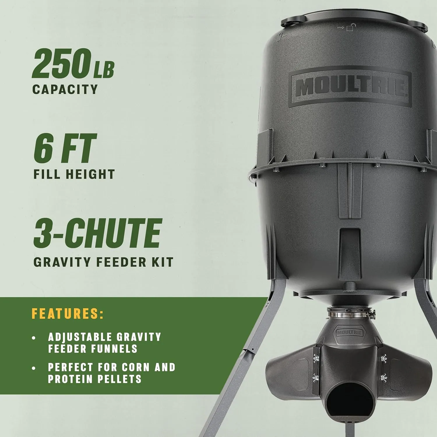 Moultrie 250 lb. Gravity Deer Feeder - Tripod Game Feeder - Easy Conversion Adapter - Protein Pellet Ready - Rugged No-Power Setup for Deer Management