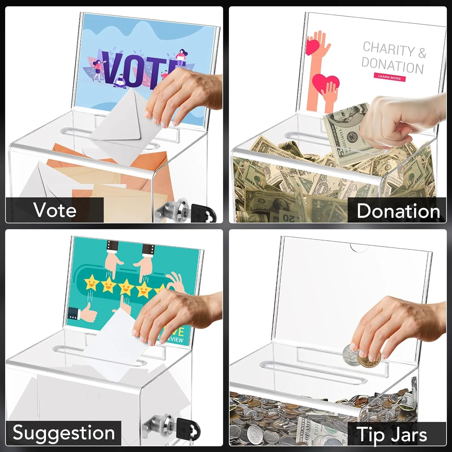 Multifunctional Voisen Voting and Fundraising Donation Box Set, Triple Ballot Box with Lock, Ideal for School, Conference, & Events - 6.2x4.6x3.9"
