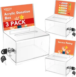 Multifunctional Voisen Voting and Fundraising Donation Box Set, Triple Ballot Box with Lock, Ideal for School, Conference, & Events - 6.2x4.6x3.9"