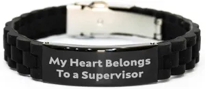 My Heart Belongs To A Supervisor Funny Supervisor Gift for Birthday Supervisor Lovers with Adjustable Glide lock Clasp Silicone Stainless Steel Black Metal Charm in Premium Bag