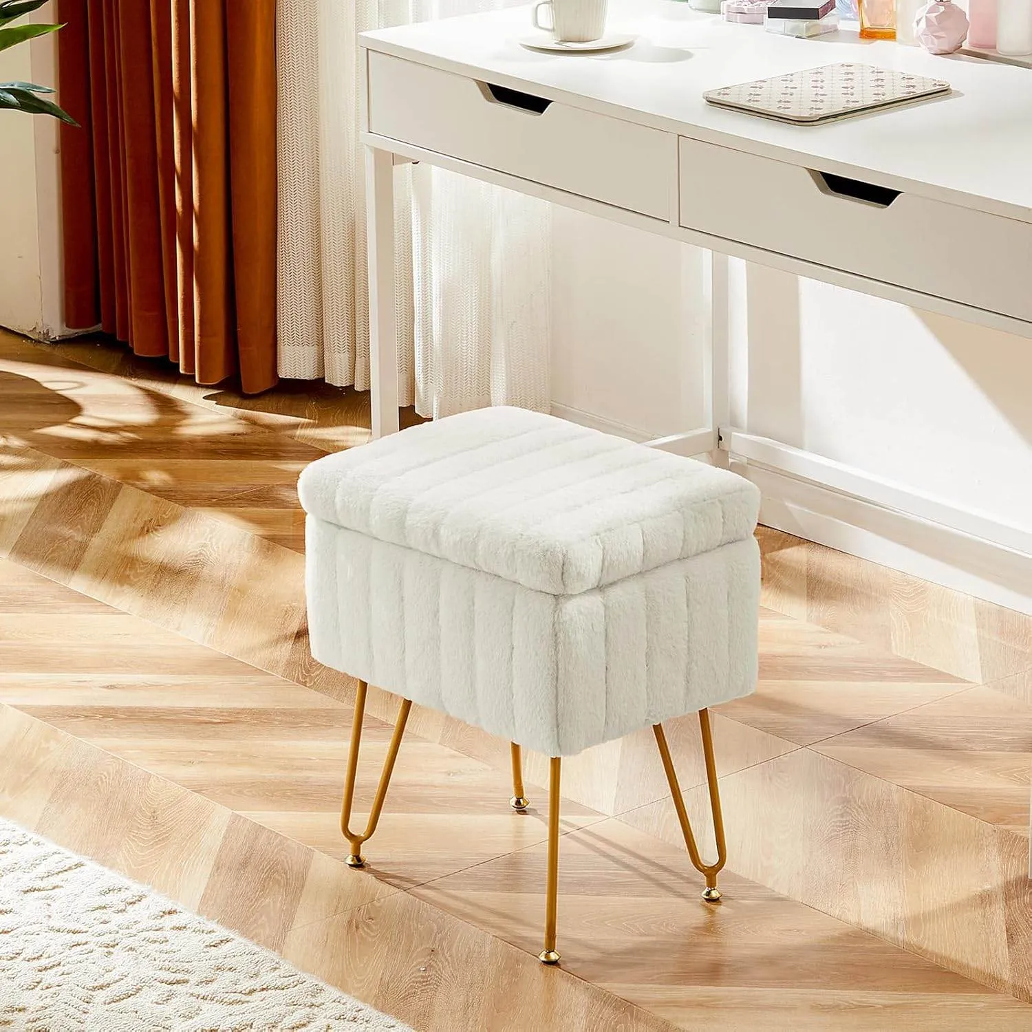MyDepot Vanity Stool Chair with Storage, Ottoman Faux Fur Soft Padded Modern Cute Small Footrest for Home Entryway Bedroom