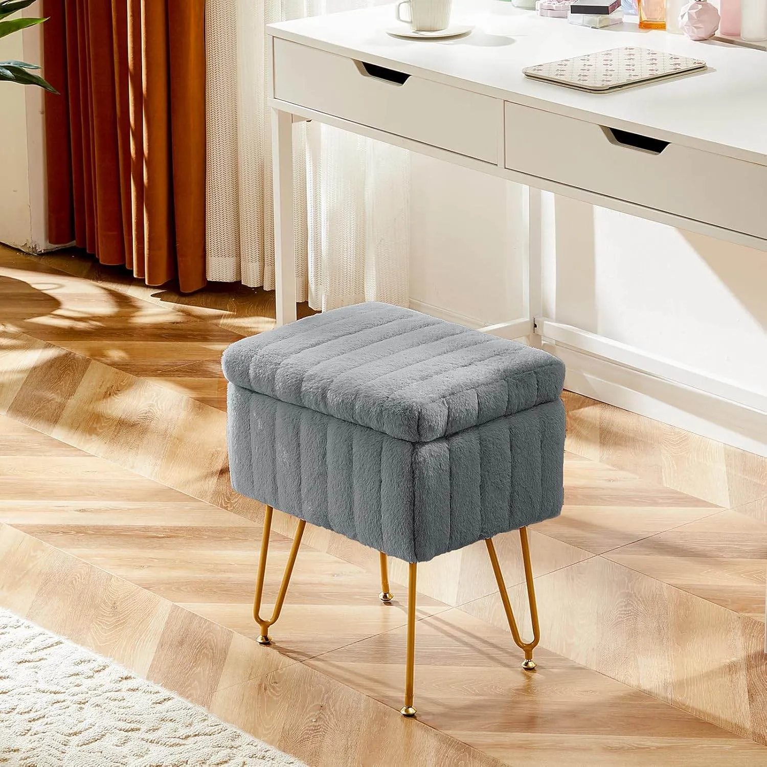 MyDepot Vanity Stool Chair with Storage, Ottoman Faux Fur Soft Padded Modern Cute Small Footrest for Home Entryway Bedroom