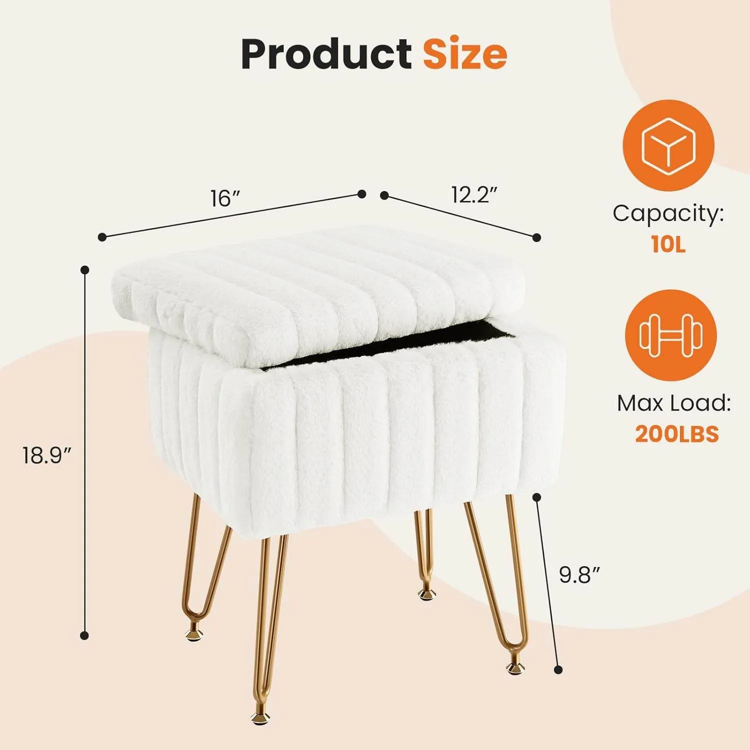 MyDepot Vanity Stool Chair with Storage, Ottoman Faux Fur Soft Padded Modern Cute Small Footrest for Home Entryway Bedroom