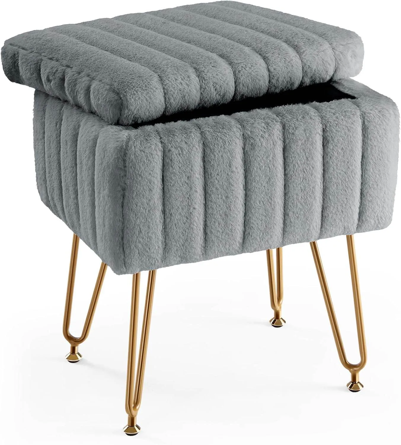 MyDepot Vanity Stool Chair with Storage, Ottoman Faux Fur Soft Padded Modern Cute Small Footrest for Home Entryway Bedroom
