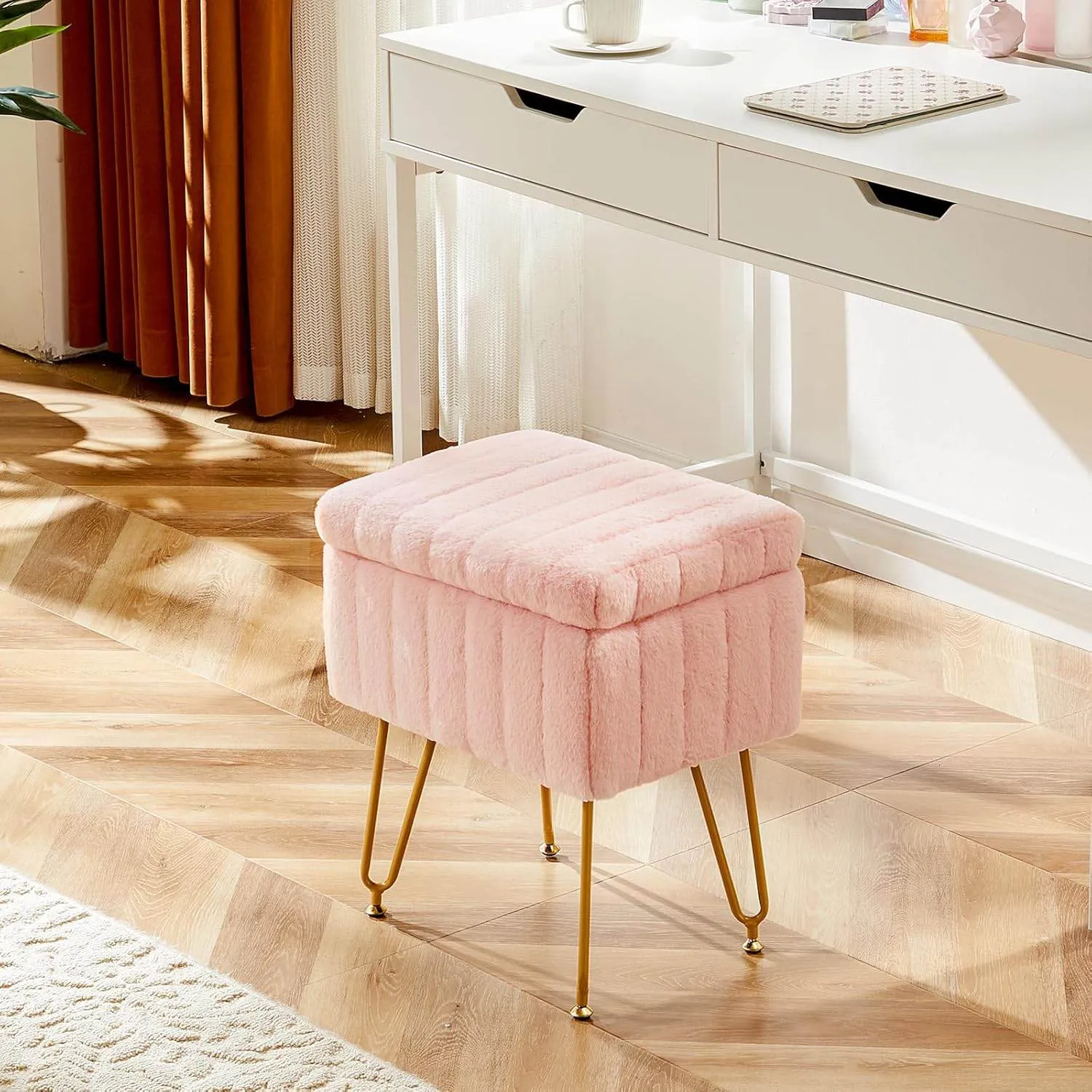 MyDepot Vanity Stool Chair with Storage, Ottoman Faux Fur Soft Padded Modern Cute Small Footrest for Home Entryway Bedroom