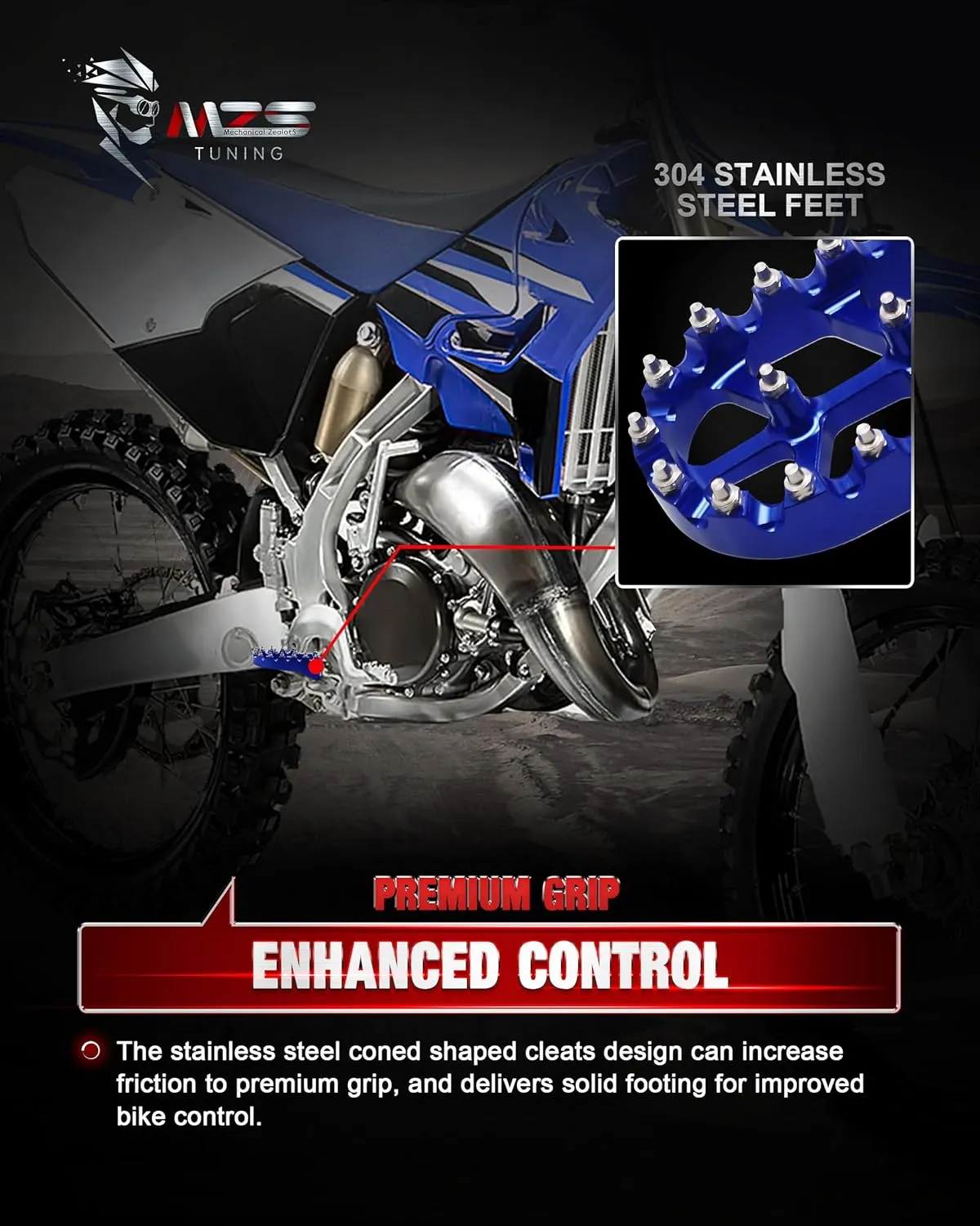 MZS Dirt Bike Foot Pegs, CNC Motocross Footpeg MX Footrest Rest Pedal Blue Compatible with YZ65 YZ85 YZ125 YZ250 YZ250F YZ125X YZ250X YZ426F YZ450F YZ450FX YZ250FX WR250F WR450F