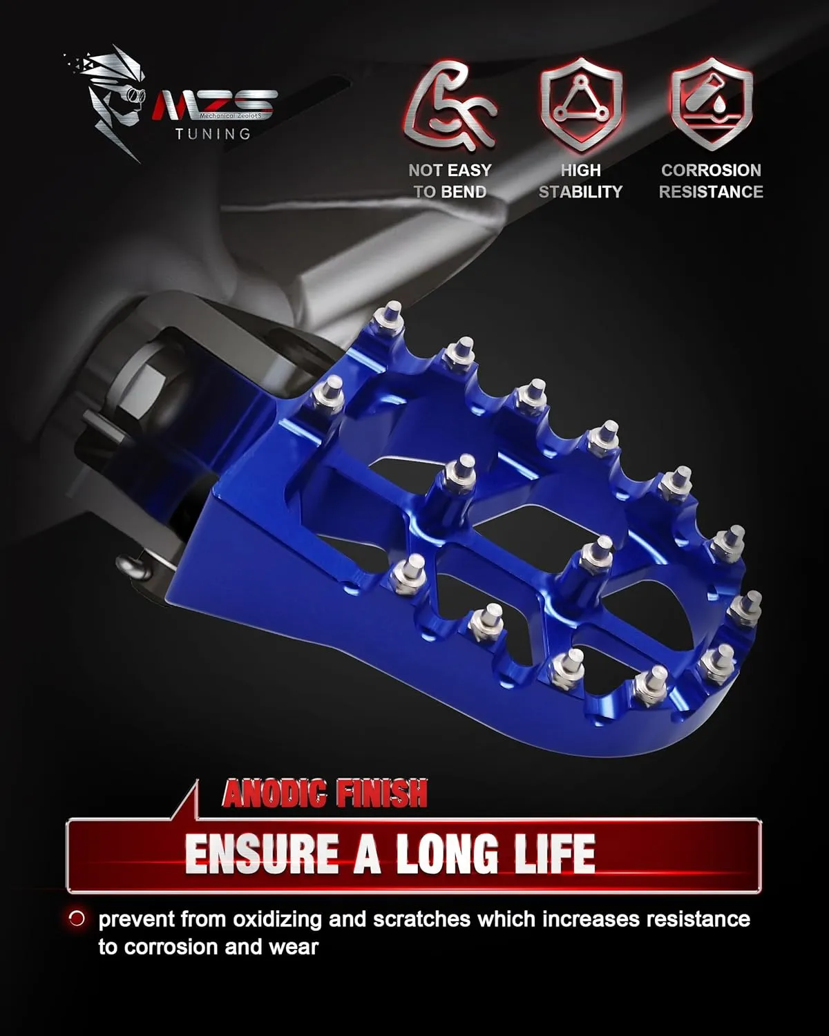 MZS Dirt Bike Foot Pegs, CNC Motocross Footpeg MX Footrest Rest Pedal Blue Compatible with YZ65 YZ85 YZ125 YZ250 YZ250F YZ125X YZ250X YZ426F YZ450F YZ450FX YZ250FX WR250F WR450F