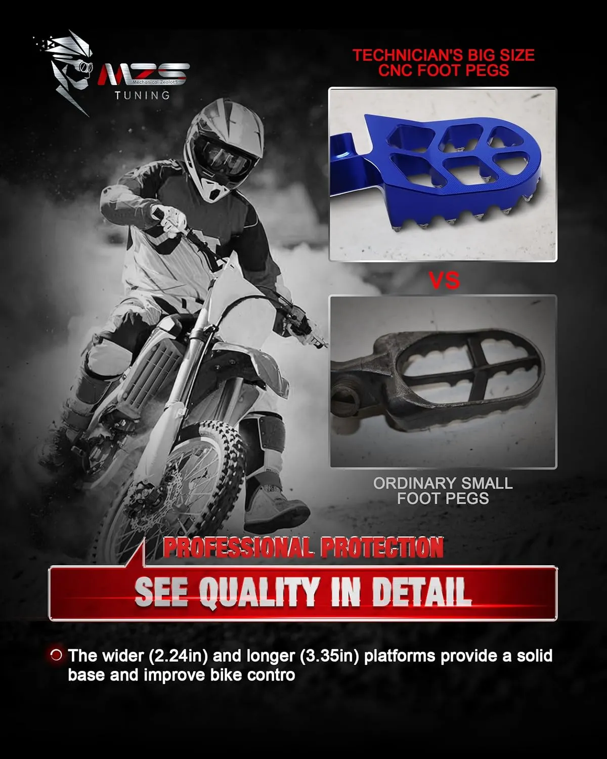 MZS Dirt Bike Foot Pegs, CNC Motocross Footpeg MX Footrest Rest Pedal Blue Compatible with YZ65 YZ85 YZ125 YZ250 YZ250F YZ125X YZ250X YZ426F YZ450F YZ450FX YZ250FX WR250F WR450F