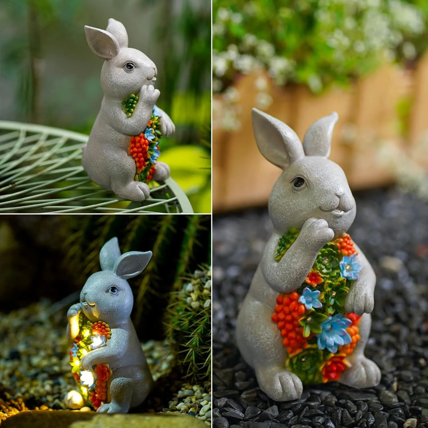 Nacome Solar Garden Outdoor Statues Bunny with Succulent and 7 LED Lights – Lawn Decor for Patio, Balcony, Yard Ornament - Unique Housewarming Gifts