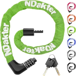 NDakter Upgrade Bike Lock, Bike Chain Lock with 2 Ways to Unlock, 4 Digit Combination Heavy Duty Anti-Theft 3.2/4.28 Ft Bicycle Lock with 2 Keys, High Security Scooter Locks for Ebike, Escooter, Door