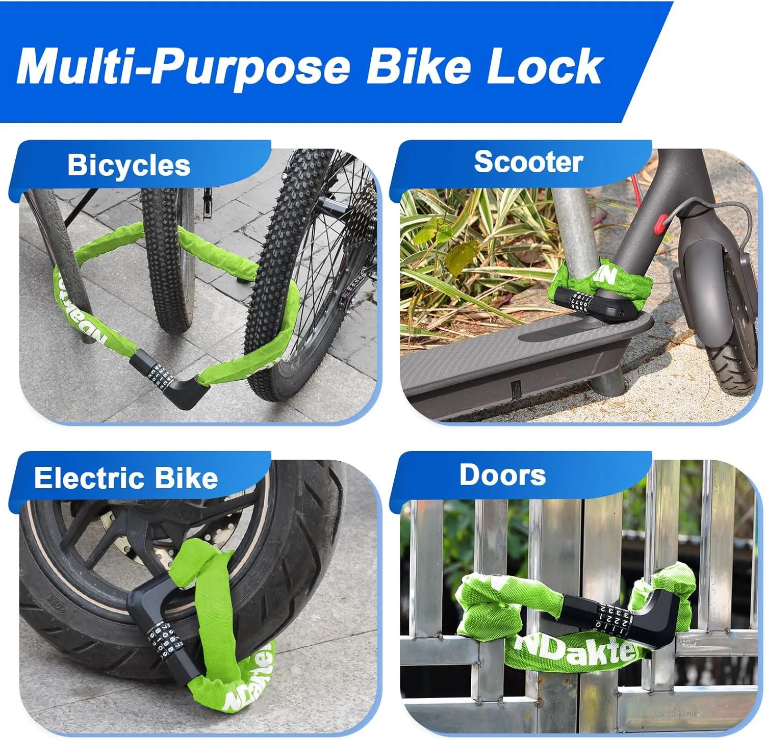 NDakter Upgrade Bike Lock, Bike Chain Lock with 2 Ways to Unlock, 4 Digit Combination Heavy Duty Anti-Theft 3.2/4.28 Ft Bicycle Lock with 2 Keys, High Security Scooter Locks for Ebike, Escooter, Door