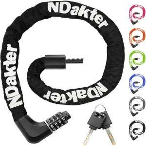 NDakter Upgrade Bike Lock, Bike Chain Lock with 2 Ways to Unlock, 4 Digit Combination Heavy Duty Anti-Theft 3.2/4.28 Ft Bicycle Lock with 2 Keys, High Security Scooter Locks for Ebike, Escooter, Door