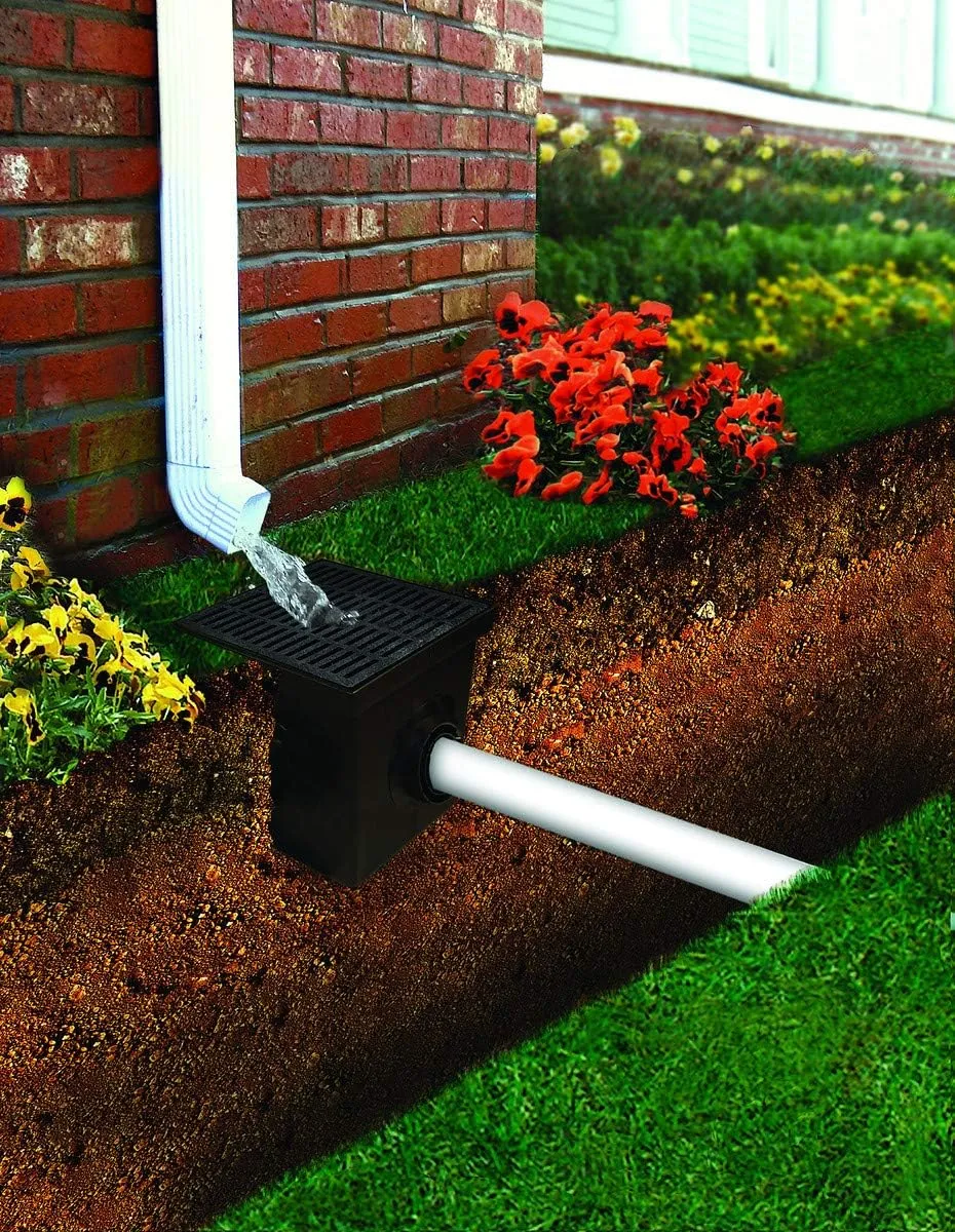 NDS Square Catch Basin Drain Kit with 2-Opening Catch Basin, Black Plastic Grate, 2 Outlet Adapters, & 1 Outlet Plug, 12 in.