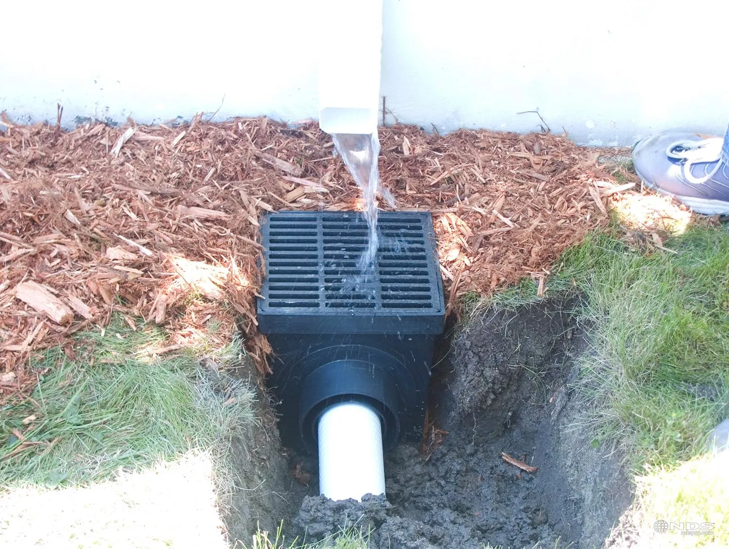 NDS Square Catch Basin Drain Kit with 2-Opening Catch Basin, Black Plastic Grate, 2 Outlet Adapters, & 1 Outlet Plug, 12 in.