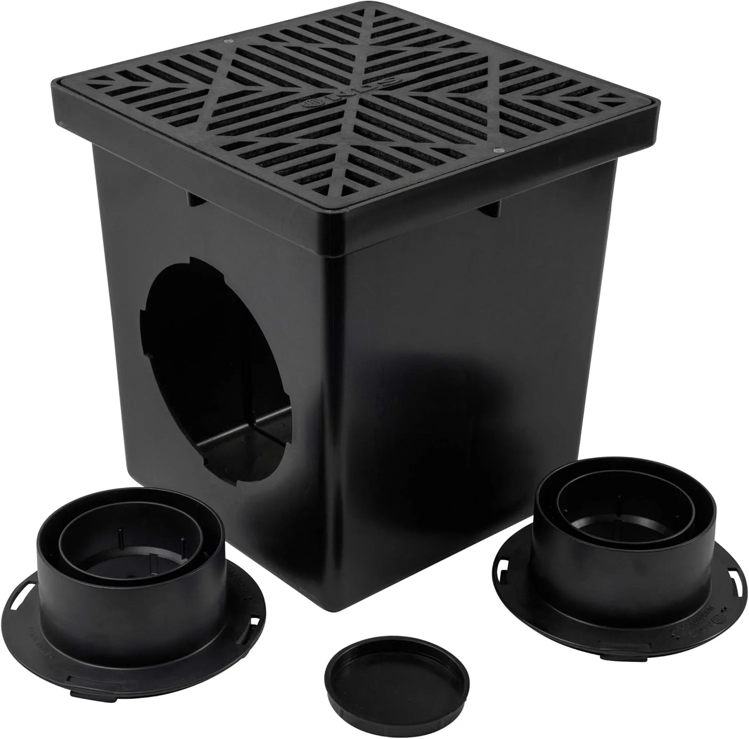 NDS Square Catch Basin Drain Kit with 2-Opening Catch Basin, Black Plastic Grate, 2 Outlet Adapters, & 1 Outlet Plug, 12 in.