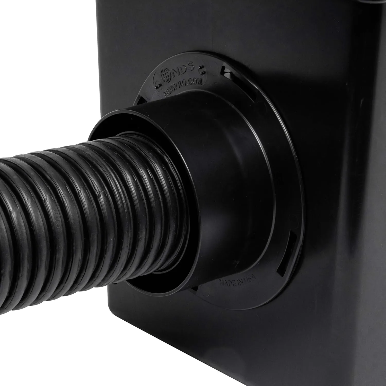 NDS Square Catch Basin Drain Kit with 2-Opening Catch Basin, Black Plastic Grate, 2 Outlet Adapters, & 1 Outlet Plug, 12 in.