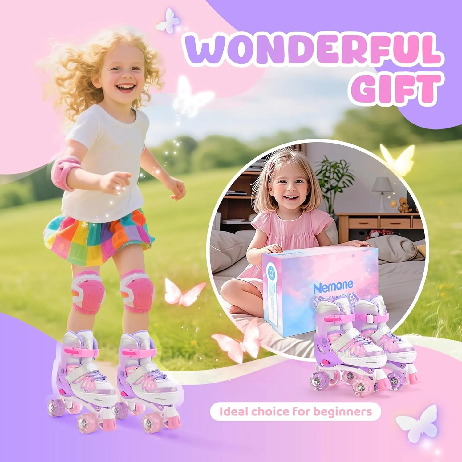 NEMONE 4 Size Adjustable Light up Roller Skates for Girls, Butterfly Roller Skates for Kids Ages 4-6 5-8 6-12 8-12, Todder Beginner Skates Indoor Outdoor