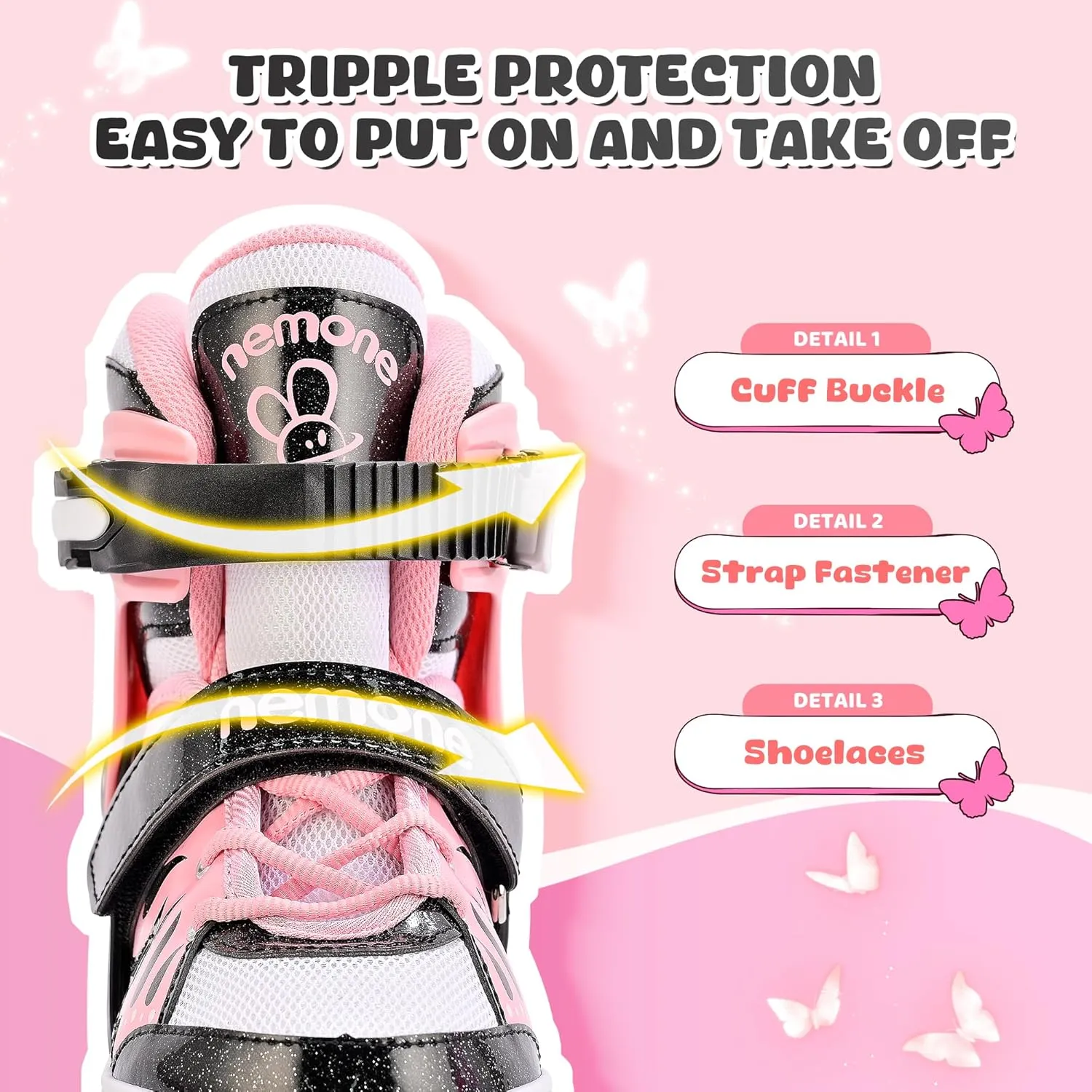 NEMONE 4 Size Adjustable Light up Roller Skates for Girls, Butterfly Roller Skates for Kids Ages 4-6 5-8 6-12 8-12, Todder Beginner Skates Indoor Outdoor