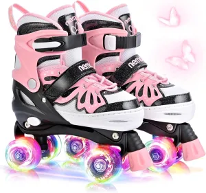 NEMONE 4 Size Adjustable Light up Roller Skates for Girls, Butterfly Roller Skates for Kids Ages 4-6 5-8 6-12 8-12, Todder Beginner Skates Indoor Outdoor