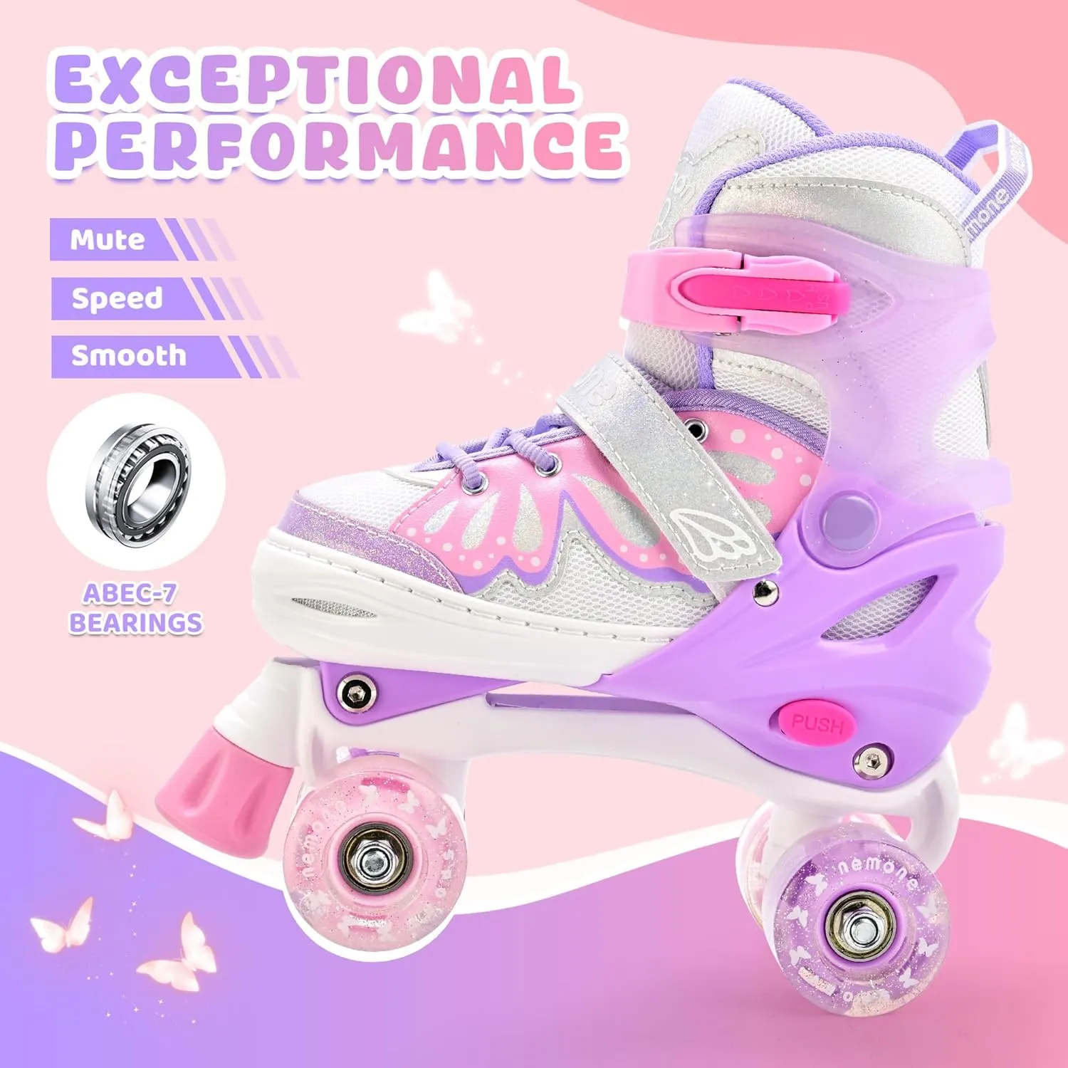 NEMONE 4 Size Adjustable Light up Roller Skates for Girls, Butterfly Roller Skates for Kids Ages 4-6 5-8 6-12 8-12, Todder Beginner Skates Indoor Outdoor