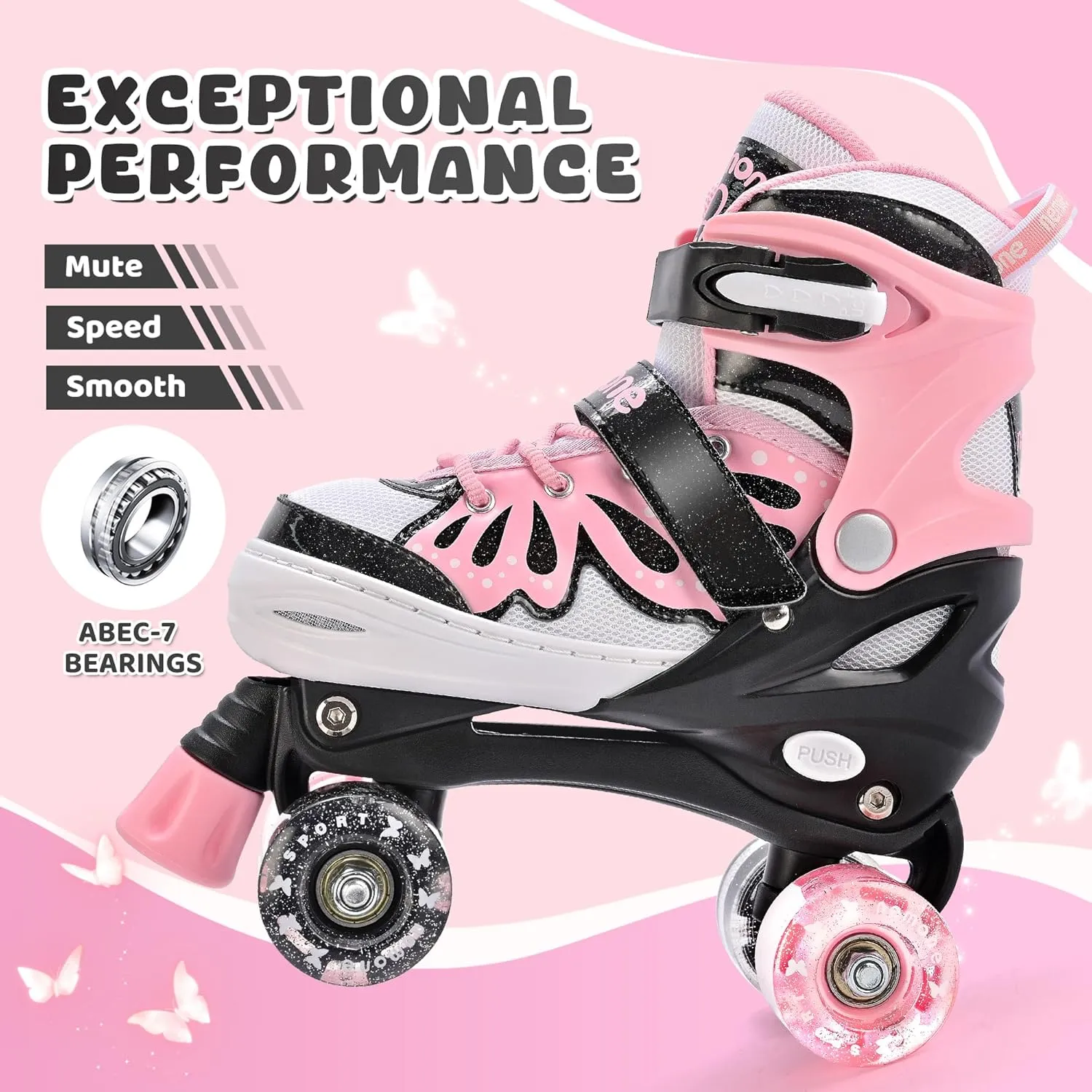 NEMONE 4 Size Adjustable Light up Roller Skates for Girls, Butterfly Roller Skates for Kids Ages 4-6 5-8 6-12 8-12, Todder Beginner Skates Indoor Outdoor
