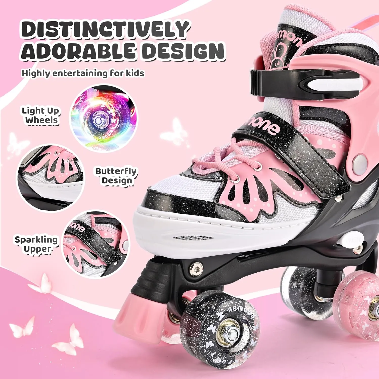 NEMONE 4 Size Adjustable Light up Roller Skates for Girls, Butterfly Roller Skates for Kids Ages 4-6 5-8 6-12 8-12, Todder Beginner Skates Indoor Outdoor