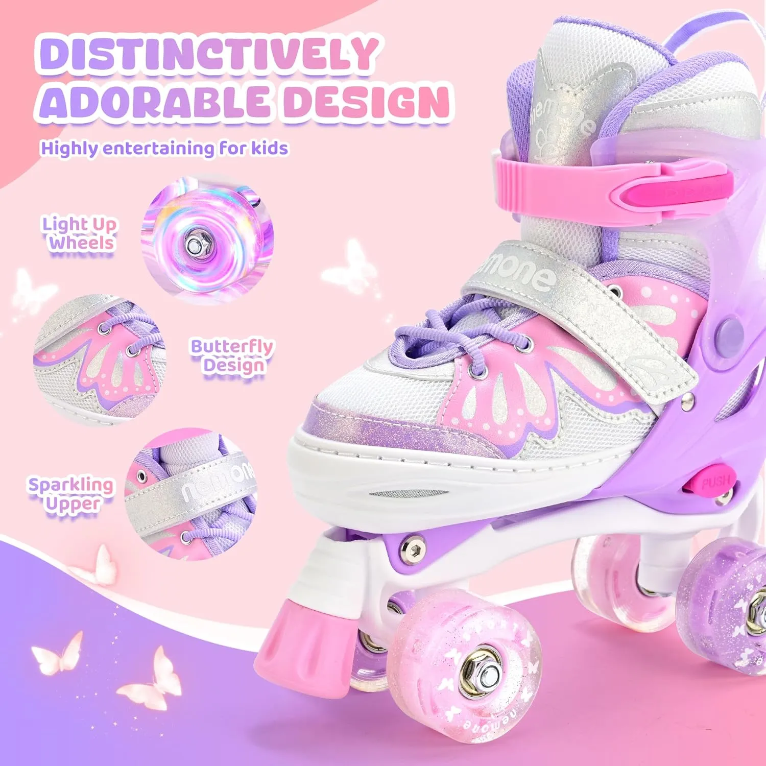 NEMONE 4 Size Adjustable Light up Roller Skates for Girls, Butterfly Roller Skates for Kids Ages 4-6 5-8 6-12 8-12, Todder Beginner Skates Indoor Outdoor