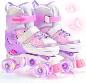 NEMONE 4 Size Adjustable Light up Roller Skates for Girls, Butterfly Roller Skates for Kids Ages 4-6 5-8 6-12 8-12, Todder Beginner Skates Indoor Outdoor